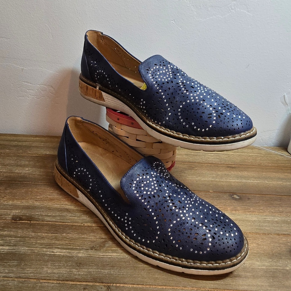 Patrizia by Spring Step Navy Blue Laser Cut Rhinestone Loafers Size 41 Flat